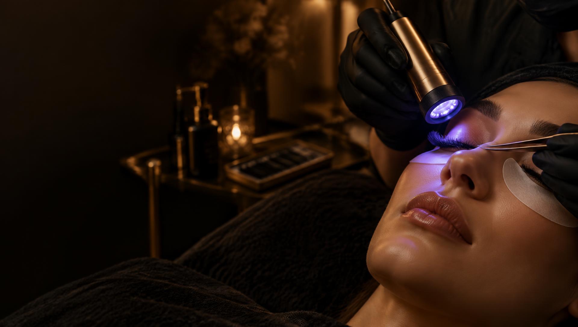 Kunde under blå UV-lampe til UV LED lash extensions i København